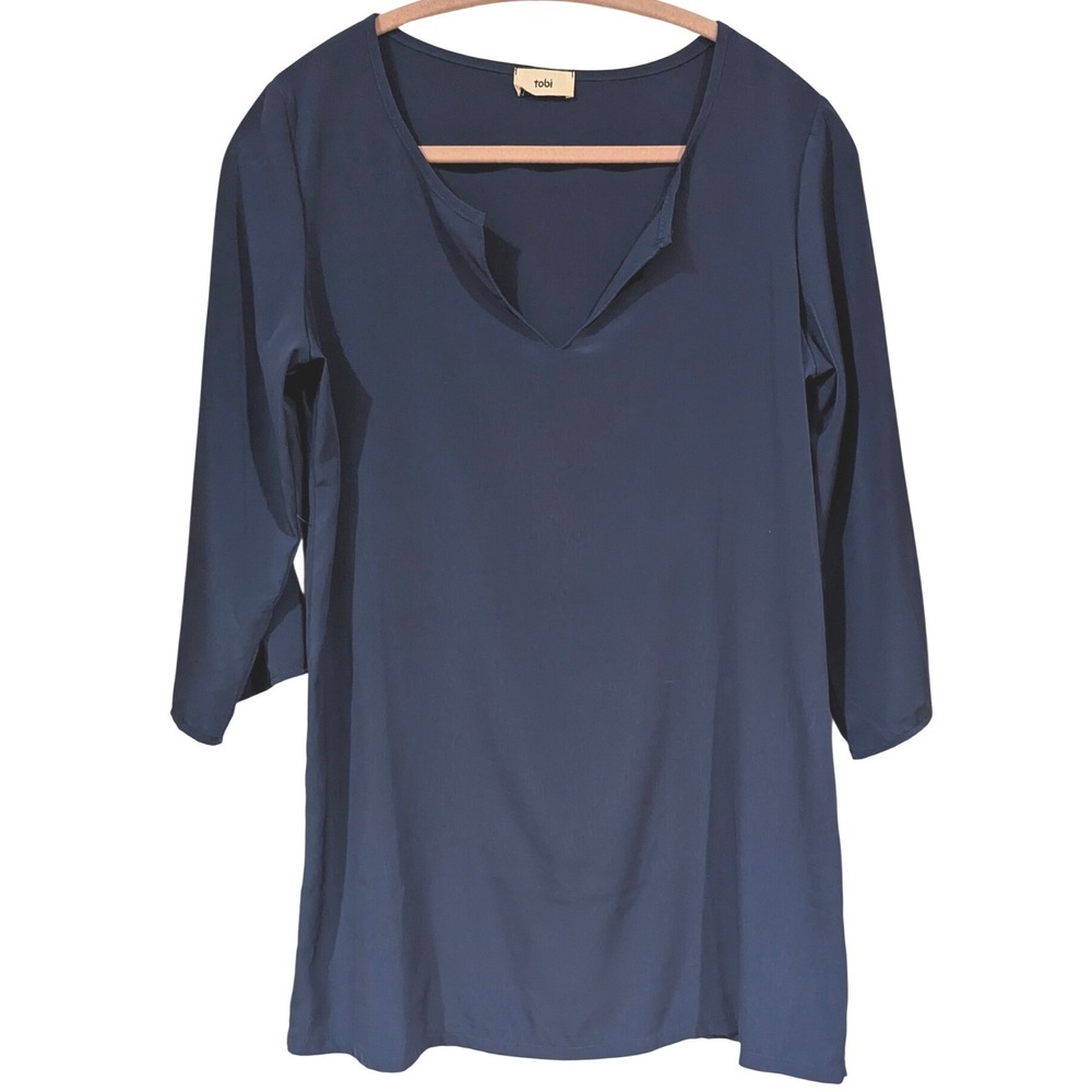 Tobi Split Neck Tunic Top‎ Small Navy Blue 3/4 Sleeve Relaxed Minimalist Casual